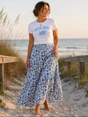 Les Amis Blue White Floral Tiered Maxi Skirt Boho Coastal Summer ~ Size L ~ NWOT